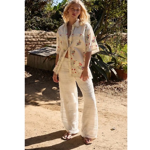 FP We The Free Emma Embroidered Button Front Floral Top in Tofu Combo Sz Large - Picture 10 of 11